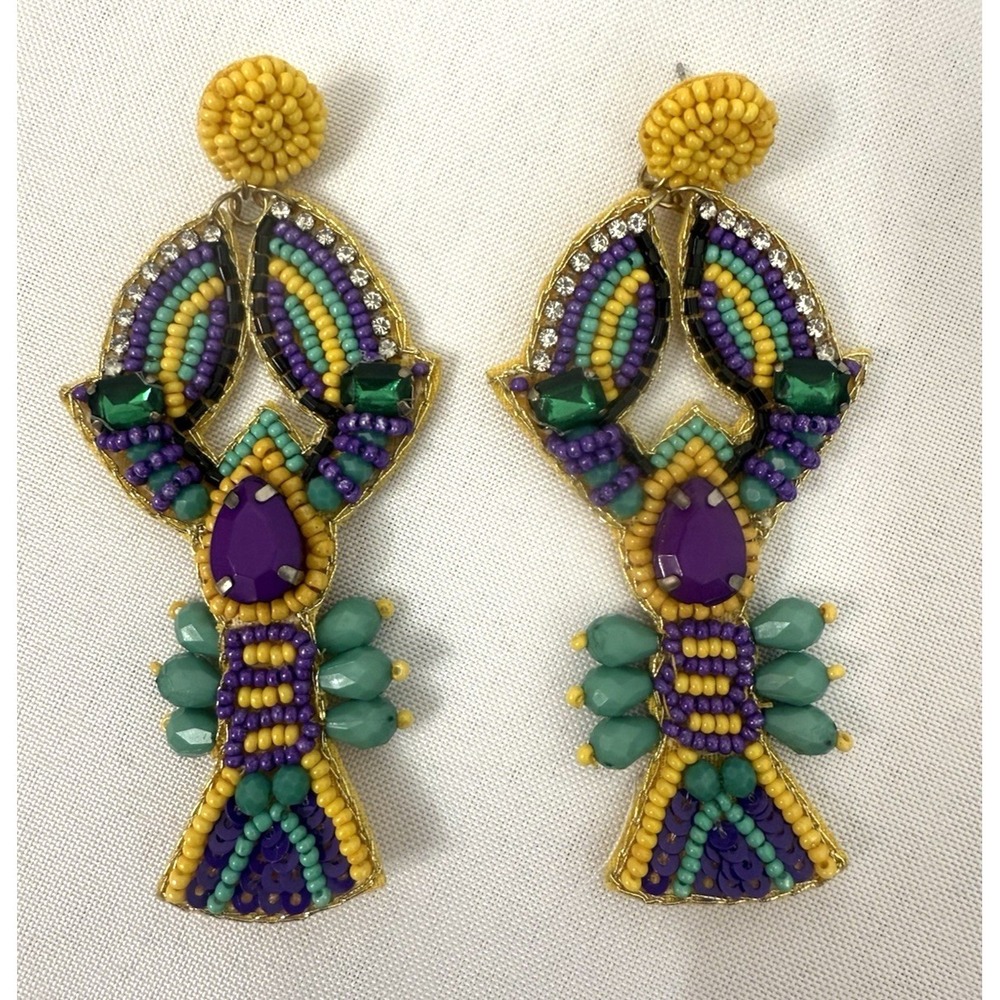 Mardi Gras Crawfish Purple Green Gold Beaded Pierced Earrings 3 inch